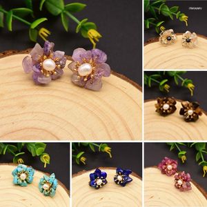 Stud Flower Pearl Earring for Women Girl Gift Crystal Lapis Lazuli Goldstone Statement örhängen Fashion Jewelry Dale22 Farl22