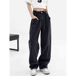 Siyah kot kadın 90'ların geniş bacaklı pantolon yüksek belli ince düz bacak tabandan tavana pantolon retro gevşek T220728