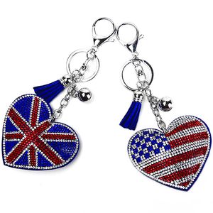 Fashion Diamond Set Velvet USA UK Flag Keychain For Men Women Peach Heart Keychains Pendant Luggage Car Key Rings Jewelry Gift Accessories