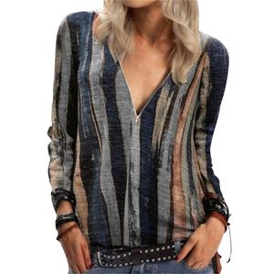 Vintage Stripe Print Zipper V Neck T Shirts Women Casual Loose Long Sleeve Pullovers Tops Autumn Streetwear Trendy Tee 210317