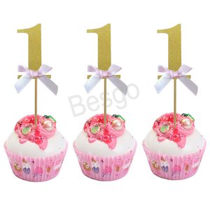 Baby 1 Jahrestag Kuchen Top Dekoration DIY Nummer Bowknot Kuchen Einsatz Flagge Geburtstag Party Kuchen Backen Dekor Zubehör BH6802 WLY