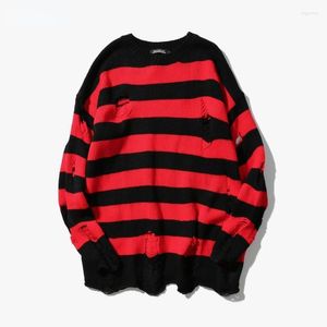 Suéteres masculinos pretos listrados de outono listrado destruído suéter rasgado homem malha jumpers women women grande dimensionário harajukumen's olga22