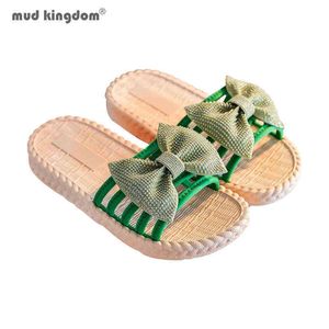 Mudkingdom Summer Little Girl Slippers Fashion Style Bowtie Solid Kids Shoes Indoors Outdoors Non-slip Flat Heels Beac G220523
