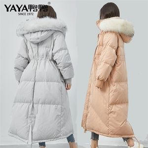 Yaya Fashion Winter Down Jacket feminino grande com capuz de pele espessa em Parkas X-Long Loose Warm Winter Down Outwear 201126