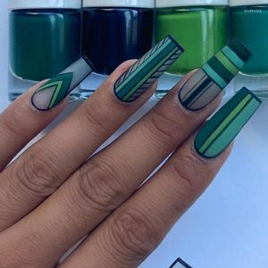 False Nails Forest Green Geometric Simplicity Nail Art Wearable Long Square Ballet With Glue 24pcs/box Wearing Tools Prud22