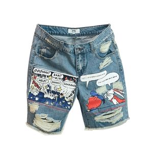 Jeans de moda de chegada jeans impressão jeans shorts homens Ulzzang Summer Summer Pattern Length Zipper Fly Stoashed 210318