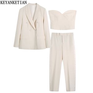 Keyanketian Fasion Women's Suit Fit Double Breasted Blazer Silk Satin Ladies Office Long Trouse Workwear Solid Jacket and Pants 220812