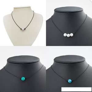 Minimalistische Perlen-Choker-Halskette, schwarzes handgefertigtes Lederseil, blau-türkisfarbene Anhänger-Halsketten für Frauen, Nachahmung natürlicher Perlenschmuck