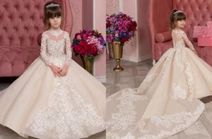 Long Sleeves Floewer Girl Dresses Lace Appliqued Beads Jewel Neck Puff Princess Kids Pageant Party Gowns Court Train Todder Little Girl's Formal Dress CL0369
