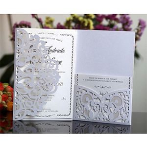 50pcs azul branco Elegant Hollow Laser Cut Invitation Greeting Personalize Business With RSVP Card Party Supplies 220711