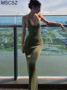 Seksi Halter Sırtsız Maxi Elbise Kadınlar İçin Yaz 2022 Spagetti Kayış Uzun Elbise Bohem Slip Plaj Elbise Yeşil Sarı T220816