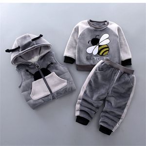 Baby boy clothes winter plus velvet thick warm three-piece cartoon bee print sweater hooded baby girl vest vestbaby suit LJ201223