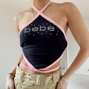 Kvinnors tankar Camis Kvinnor Crop Tank Tops Sexig Cross Halter ärmlösa bandiga rygglösa strass/glänsande brev kort väst för ung flicka