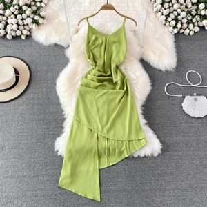 Casual Dresses Sexy Red Sling Dress Lime Green Vintage Backless Spaghetti Strap Summer V neck Pleated Waist Thin Irregular DressCasual