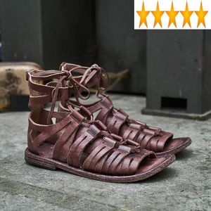 Sandalet Örgü Yaz Erkek Sandal El Yapımı Marka Vintage Hakiki Deri Plaj Ayakkabı Düz ​​Yüksek Top Boşluk Dantel Lawa Up Gladyatör