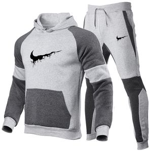 Spring and Autumn Hoodie Tracksuit Mens Fashion Fleece Stitching Color Brand Pants Casual Jogging 2 Sports Suit