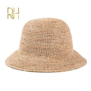 Gorra De Playa Para Damas al por mayor-Damas hechas a mano Crochet Natural Raffia Straw Bucket Sombrero para primavera de verano Beach Floppy Fisherman Caps