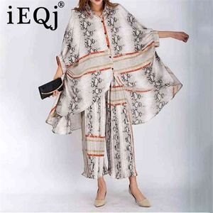 IEQJ European and American Satin texture personalized printing loose bat sleeve shirt pleated wide leg pants suit 210331