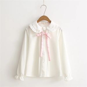 Mulheres blusas meninas outono de manga longa Peter Pan Collar Pink Bowknot Blouse White Shirt