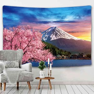 Japanese Style Mount Fuji Cherry Blossom Tapestry Bohemian Bedroom Wall Decor Rugs Room Design Mural Tapiz J220804