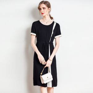 92.3% Heavy Silk 7.7% Spandex Women's Dress O Neck Short Sleeves Lace Up Color Block Elegant Fashion Runway Dresses