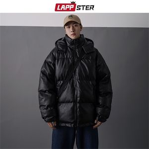 Lappster Men Japońska streetwear skórzana kurtka puffer męska męska czarna zimowa bąbelki kurtki płaszcze para koreańska parka 201128
