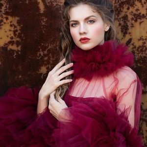 Women's Blouses & Shirts Unique Wine Red See Thru Tulle Women Tops And Blouse 2022 With Long Sleeves Tutu Ruffles Tiered High Neck Female To