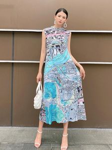 Vestidos casuais Mulher mapa plissado mapa de impressão sem mangas stand colar colar de moda elegante estily style feminino 2022 sumercansual