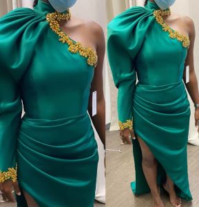 Prom Dresses Turquoise One Shoulder Gold Beaded Crystals Mermaid Custom Made Plus Size Evening Party Gown Low High Neck Celebrity Wear Vestidos 2022 Designer