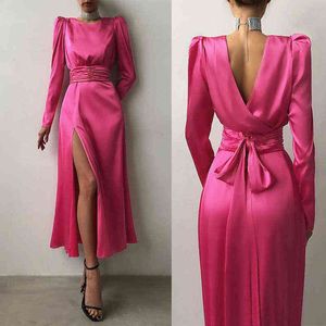 Celmia Party Dress Höst Kvinnor Elegant Satin Maxi Vestidos Long Puff Sleeve Backless Shirt Sundress High Slit Hem Belted Robe Y220401