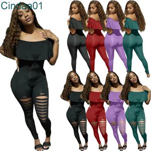 Abbigliamento da donna di design Tute estive Sexy con spalle scoperte Foglia di loto Foro fiore bruciato Pantaloni monopezzo aderenti