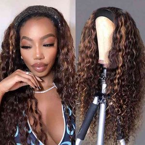 Nxy Wigs Long Highlight Headband Ombre Curly Synthetic Honey Blonde Deep Wave Heat Reitant Fiber Daily 220528