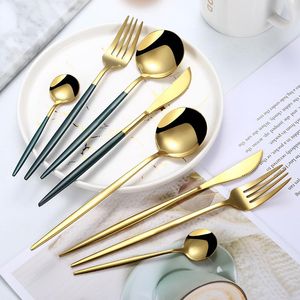 Flatvaruuppsättningar rostfritt stål knivgaffel sked portugisisk biff kreativ grön guld setflatware