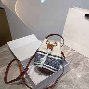 Multicolor High quality women's bag Casual canvas letter draw rope bucket bag one-shoulder handbag striped Lafite vegetable basket small