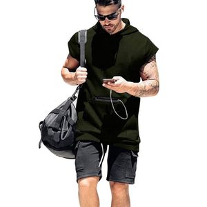 T-shirts masculinos Men Summer Sports Sports Solid Color Capuz Camiseta curta com zíper e bolso para meninos