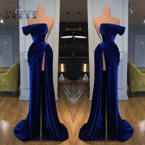 Chic Royal Blue Off-the-shoulder Strapless Evening Dresses Sheath High Thigh Split Long Prom Party Gowns With Beaded Waist Vestidos PRO232