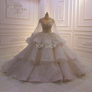 High Neck Ball Gown Wedding Dresses With Poet Long Sleeves Luxury Crystal Beaded Saudi Arabian Dubai Bridal Gown Plus Size 2022