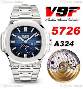 V9F 5726 Annual Calendar A324 Automatic Mens Watch D-Blue Textured Dial Moon Phase Stainless Steel Bracelet Super Edition Puretime PTPP Cal 324 V9A1
