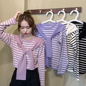 Women's T-Shirt 2022 Cape Top Female Loose-Fitting Striped Long Sleeves Shirt Woman TShirts Crop Mujer Camisetas