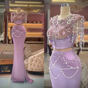 Pärlning av sequined Crystal Satin Prom klänningar Lätt Purple Mermaid aftonklänning skräddarsydd sveptåg TASSLES Kvinnor Formell kändisparty klänning