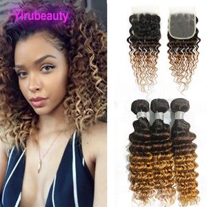 Brazilian Human Hair Malaysian Indian Peruvian Deep Wave Virgin Hair Wefts 3 Bundles With 4X4 Lace Closure 1B/4/27 Ombre Color Three Tones 10-30inch 1b 4 27