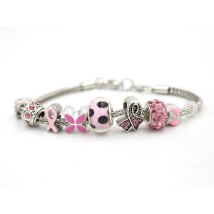 Nyankomst Grossist DIY Bröstcancermedvetenhet Smycken Vetekedja med Rosa Band Pärlor Armband för Cancer Center Foundation Present