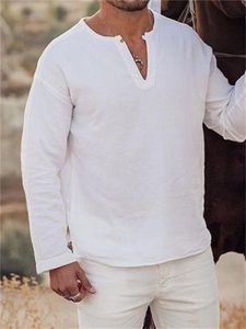 メンズカジュアルシャツメンズVネックコットンリネンソリッドカラー長袖プルオーバーブラウス夏の男性通気性緩い白い2022men's