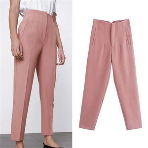 Traf Woman White Pants Women's Summer Trousers Beige High midjebyxor Pink Office Byxa Fashion Button Up Black Pant 220812