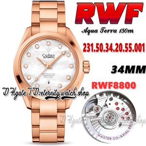 RWF Aqua Terra 150m A8800 Automatisk kvinnors Titta på 231.50.34.20.55.001 34mm Mother of Pearl Dial Rose Gold 316L Rostfritt stålarmband Super Edition Eternity Watches