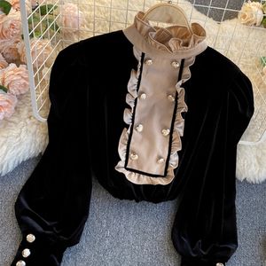 Vintage Kadınlar Kadife Bluz Rahat Standı Yaka Kruvaze Puf Uzun Kollu Kahverengi / Siyah Gömlek Kadın Bahar Sonbahar 220407