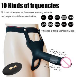 10 Speed Vibrating Hollow Strap On Harness Dildo Vibrator Panties for Man sexy Bondage Penis Sleeve Adult