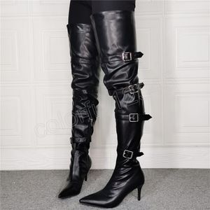 Oberschenkelhohe Stiefel, Stiletto-Absätze, sexy, durchgehender Reißverschluss, Gürtel, lange Overknee-Stiefel, lackiertes Lackleder, Schwarz, Übergröße