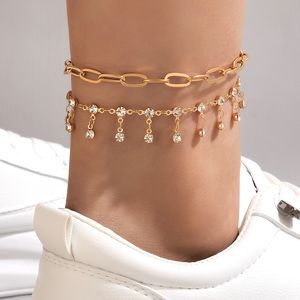 Charms chiave cavigliera oro wafer lucido strass piede catena regolabile gioielli bohémien regalo per donna uomo 2 pezzi/set