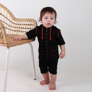 Kids T shirt Short Sleeve Black Ribbed With Hood Front Buttons Boy Girl Clothes Summer Clothing Red Stitching Pocket String